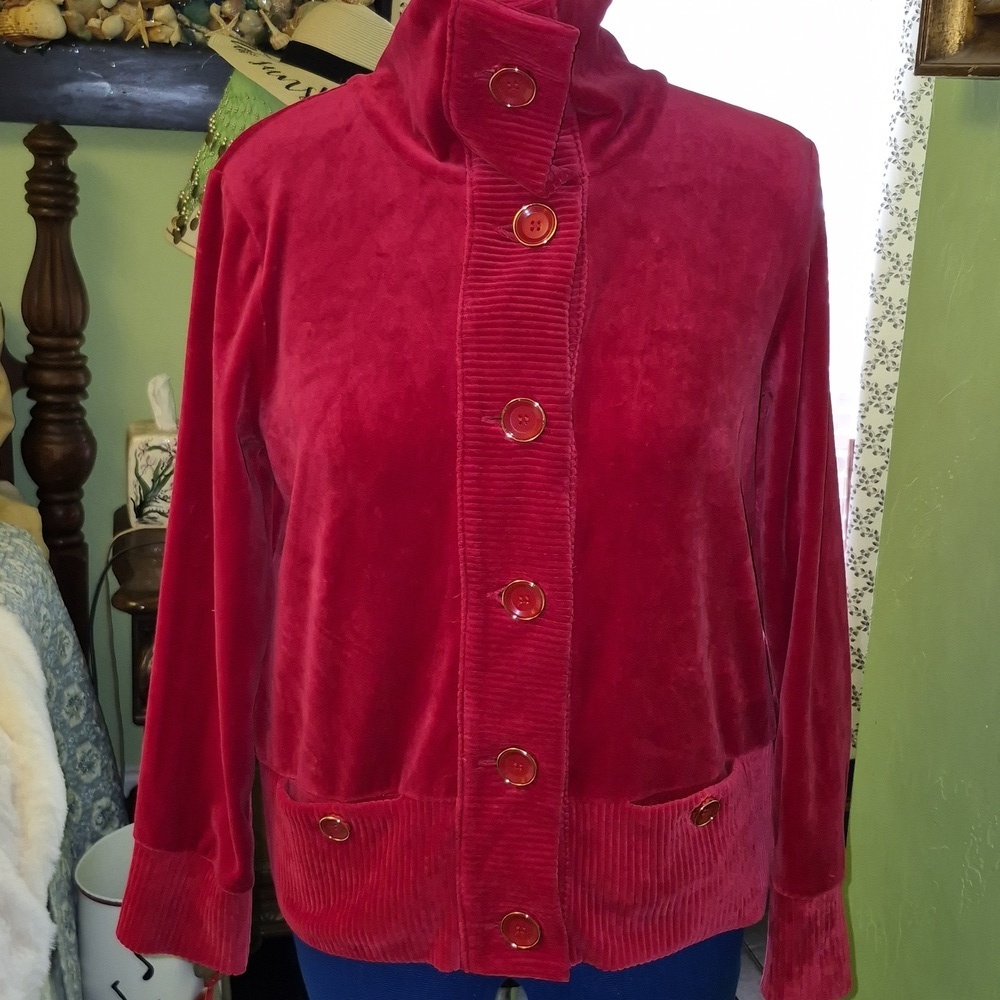 Jones New York Signature Sz.L.(#1683B) Red Velvet Large Button Cardigan.